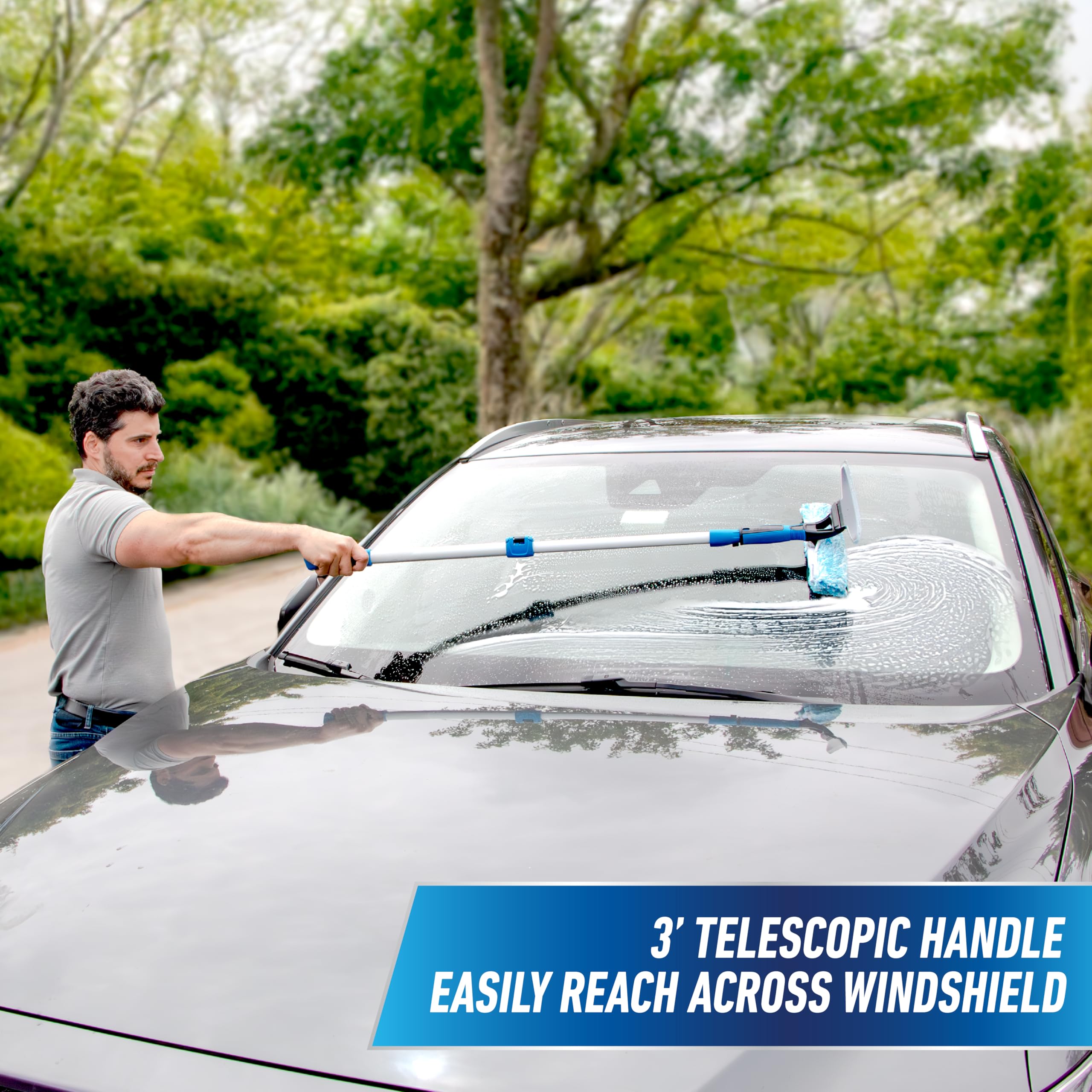 Unger 10" Curved Silicone Auto Squeegee with 3' Telescopic Pole, Flexible Blade for Window Curves, Windshield Cleaner Tool, Non-Scratch Microfiber Sleeve for Streak-Free Results, Machine Washable - Image 3