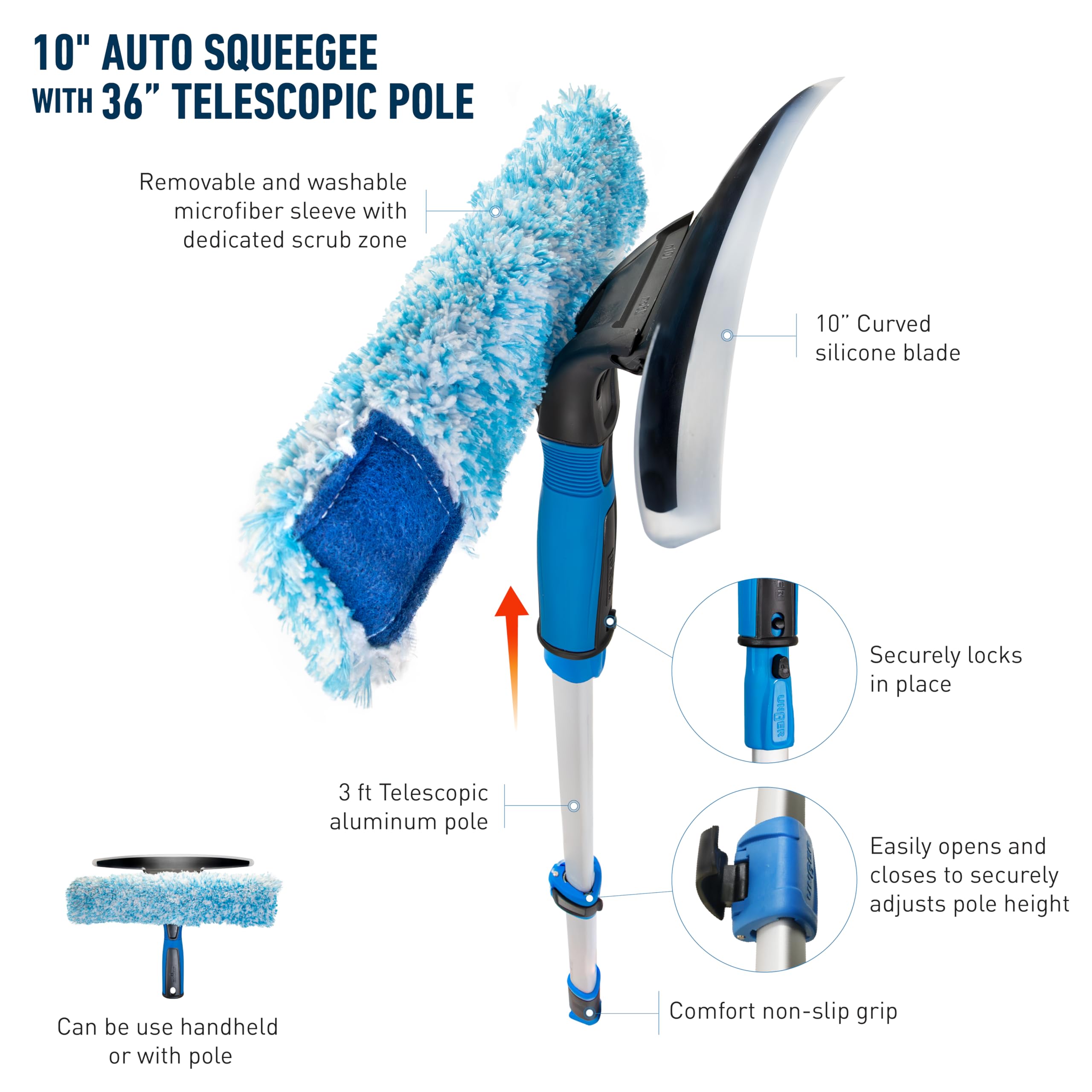 Unger 10" Curved Silicone Auto Squeegee with 3' Telescopic Pole, Flexible Blade for Window Curves, Windshield Cleaner Tool, Non-Scratch Microfiber Sleeve for Streak-Free Results, Machine Washable - Image 8