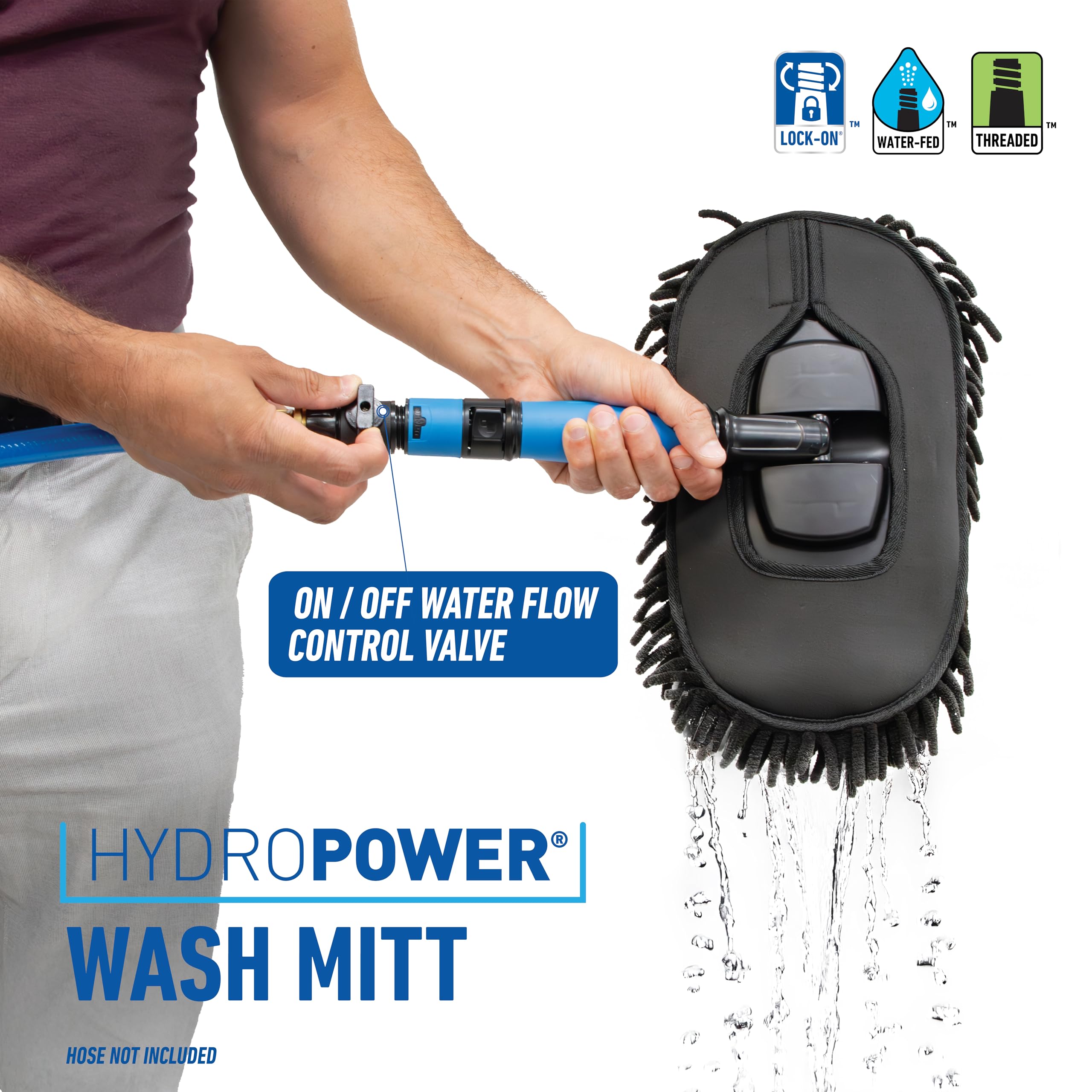 Unger 12.5” Hydropower Wash Mitt with Adjustable On/Off Water Control Valve for Car and Auto Cleaning, Absorbent Non-Scratch Microfiber Sleeve, Machine Washable, Compatible with Hose or Pole - Image 3