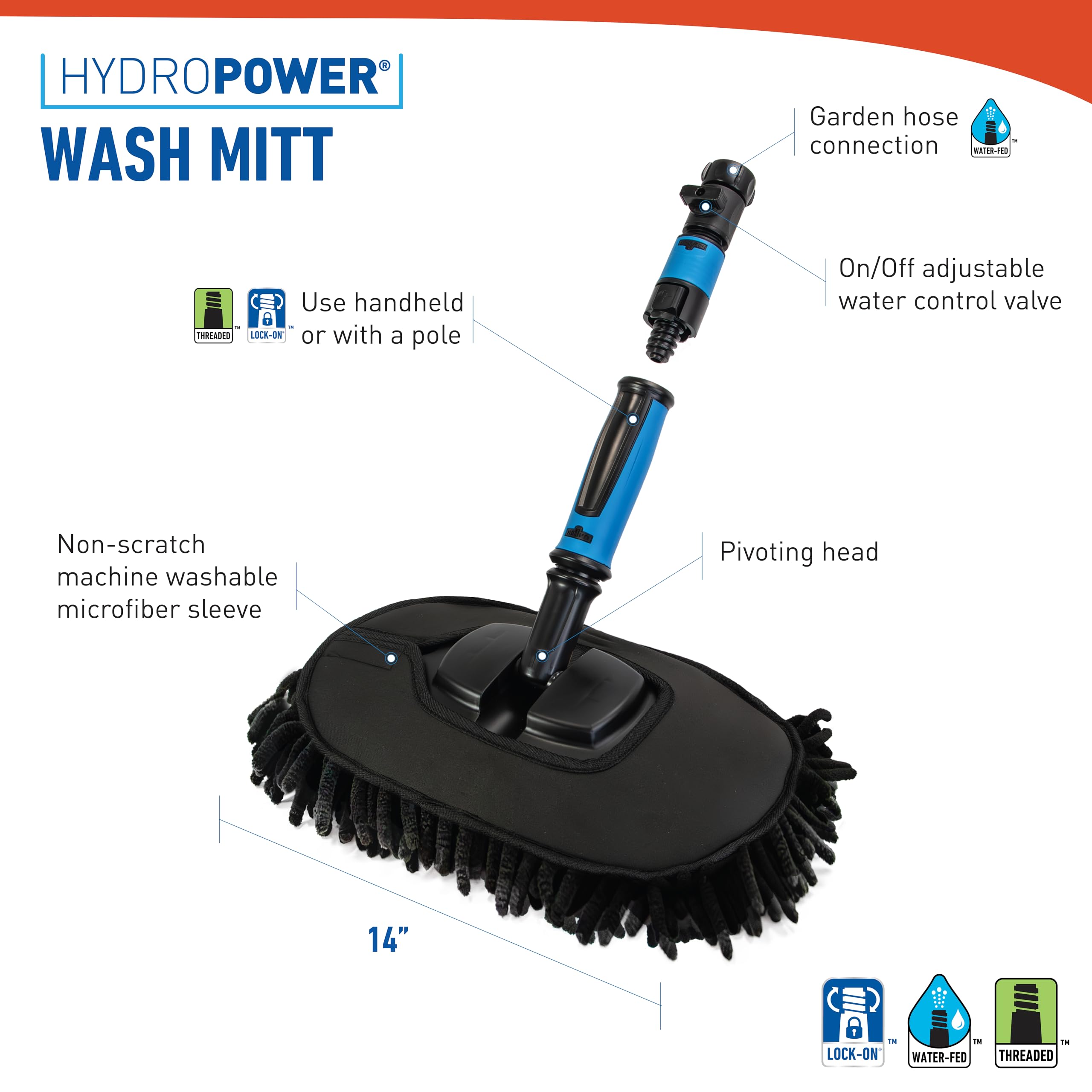 Unger 12.5” Hydropower Wash Mitt with Adjustable On/Off Water Control Valve for Car and Auto Cleaning, Absorbent Non-Scratch Microfiber Sleeve, Machine Washable, Compatible with Hose or Pole - Image 8