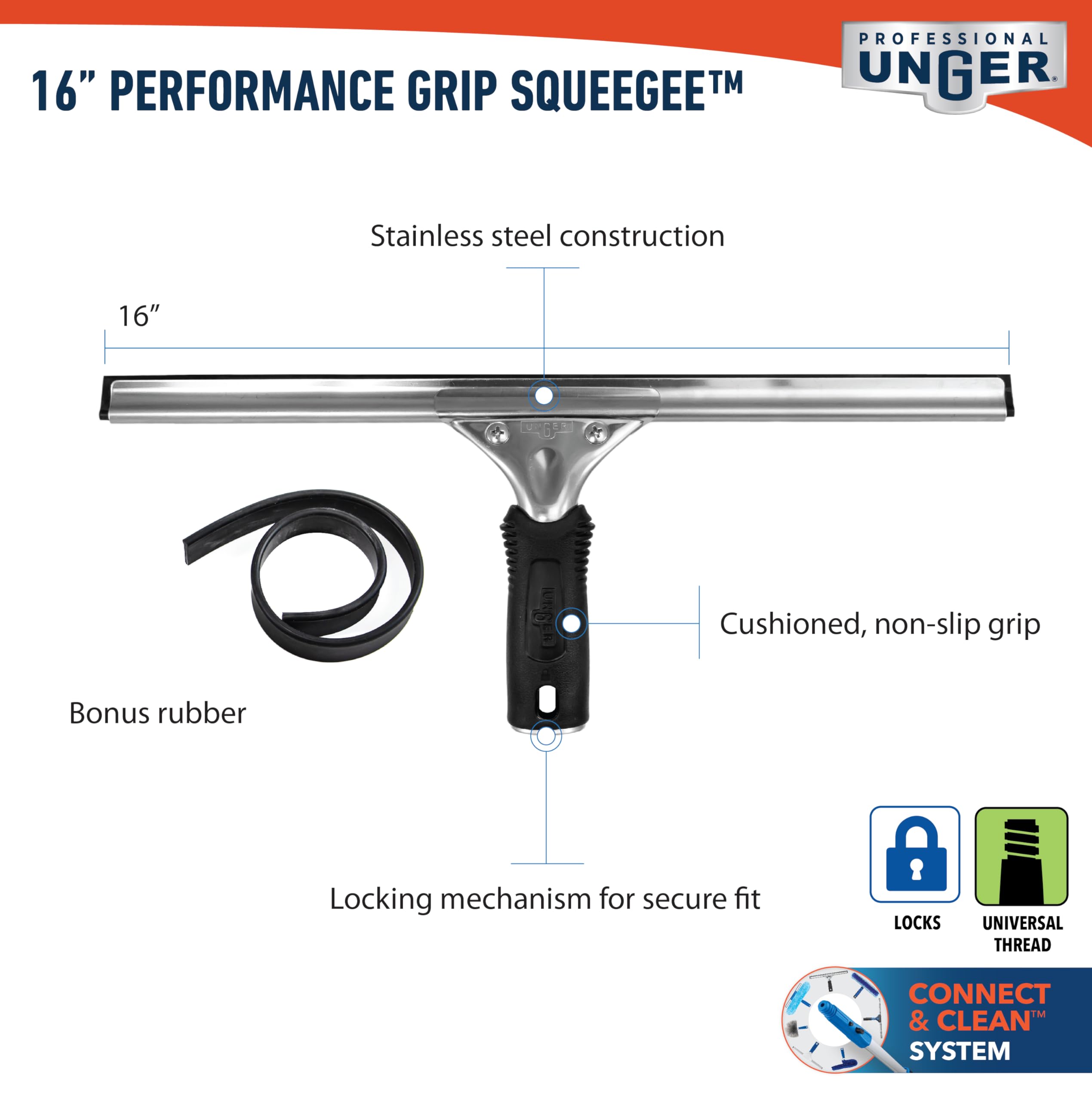 Unger Connect and Clean 16” Performance Window and Glass Cleaning Squeegee with Replacement Rubber, Cleaning Supplies, Heavy Duty Household Cleaner Tools with Streak-Free Results - Image 5