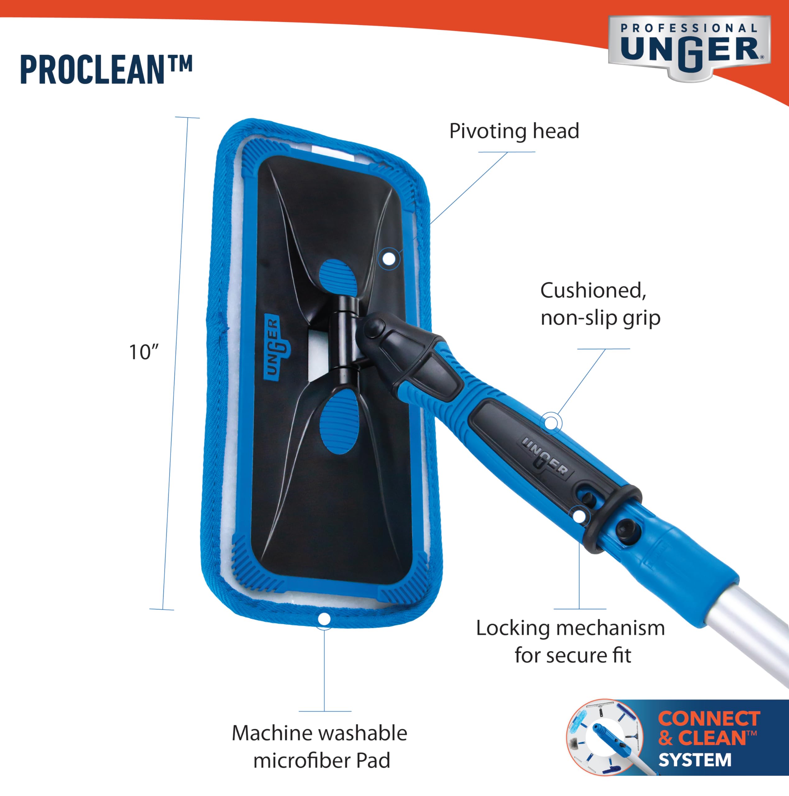 Unger ProClean Connect and Clean Indoor Window Cleaning Kit, Washing Tool with Swivel Head for Tight Corners and Edges, Streak-Free Results on Glass and Mirrors, Reusable Microfiber Pads - Image 6
