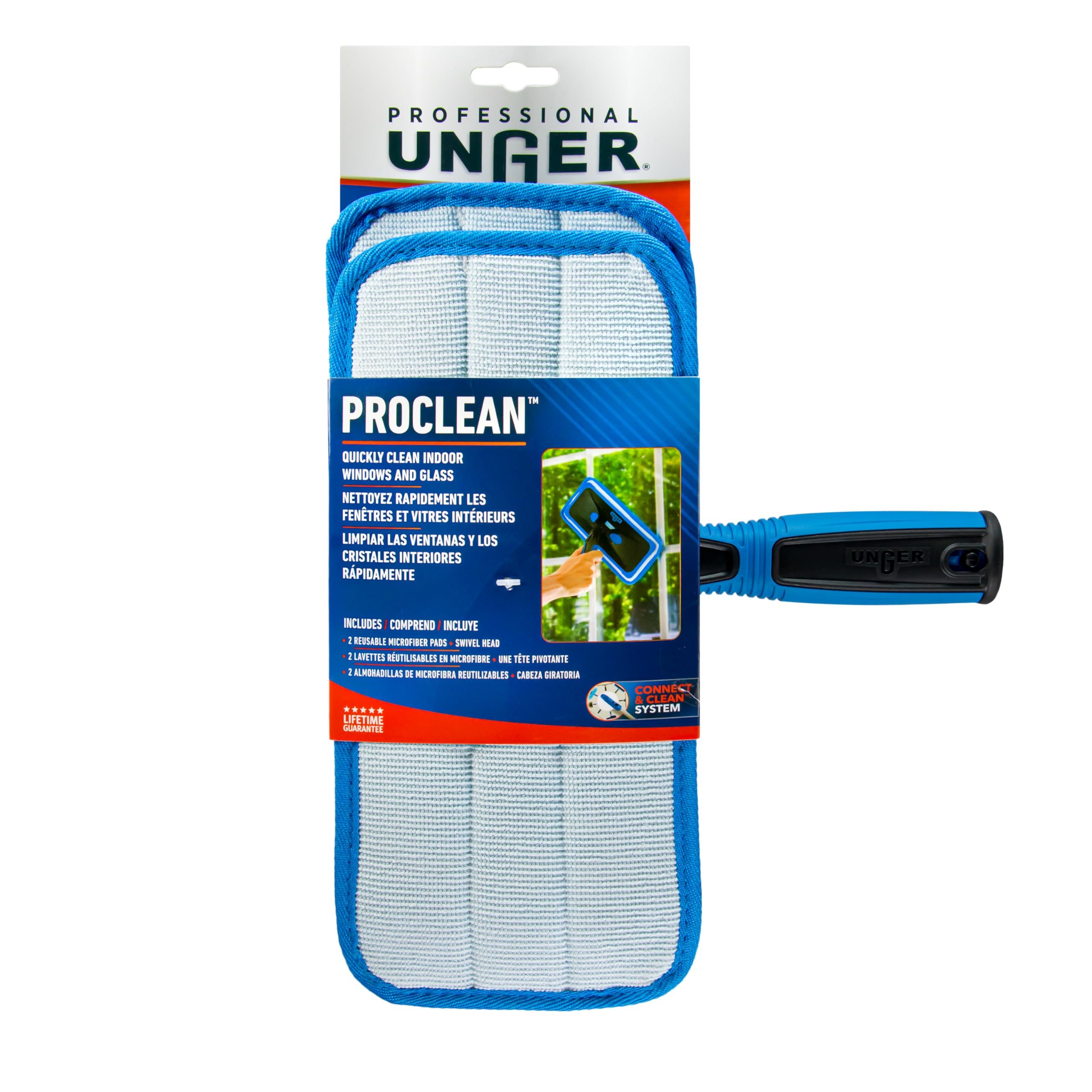 Unger ProClean Connect and Clean Indoor Window Cleaning Kit, Washing Tool with Swivel Head for Tight Corners and Edges, Streak-Free Results on Glass and Mirrors, Reusable Microfiber Pads - Image 8