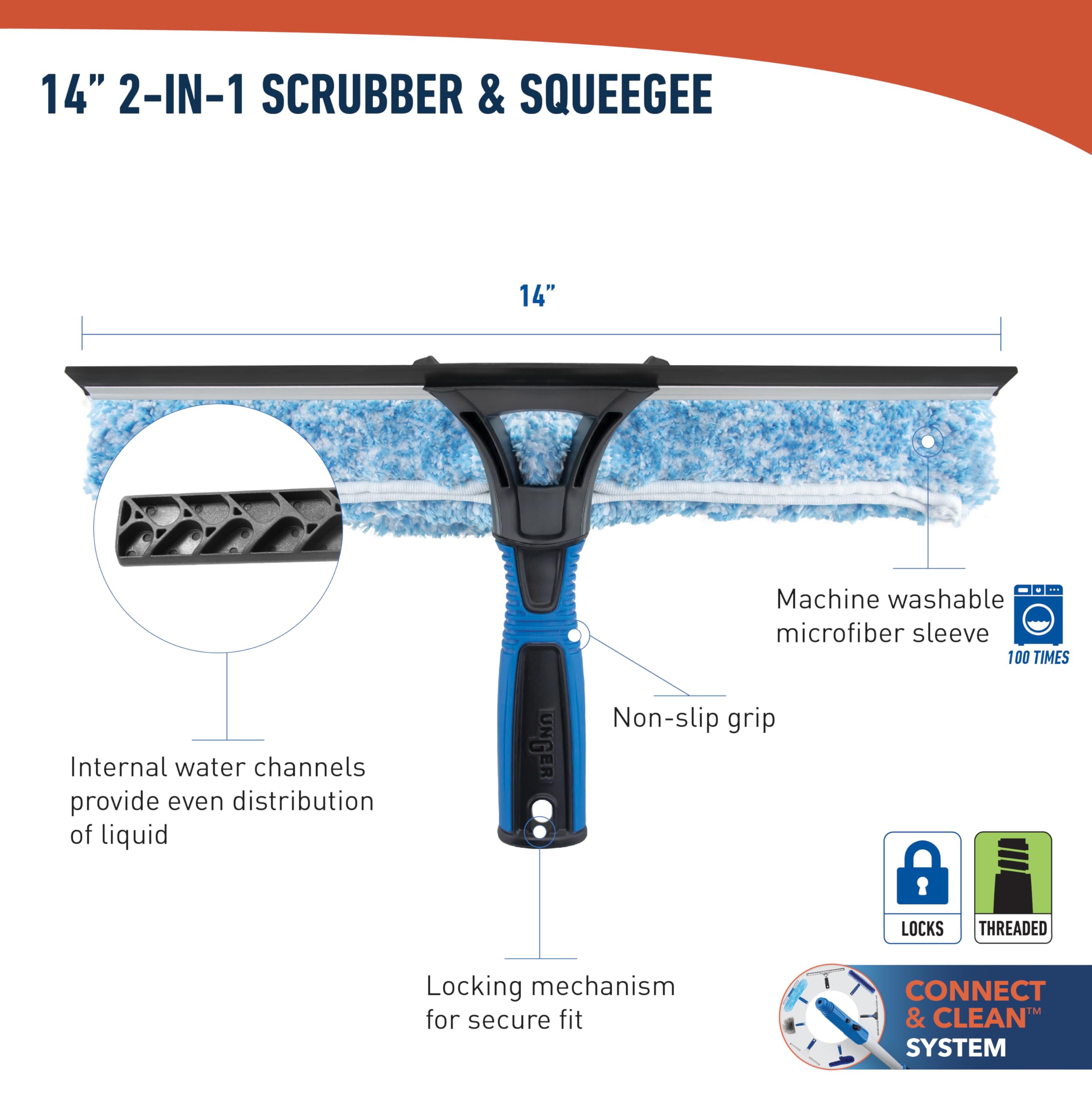 Unger Professional 2-in-1 Squeegee and Scrubber, 14” Window Cleaning Tool and 8’ Connect & Clean Pole, Essential Glass Supplies for Commercial and Residential Use, Microfiber Sleeve - Image 9