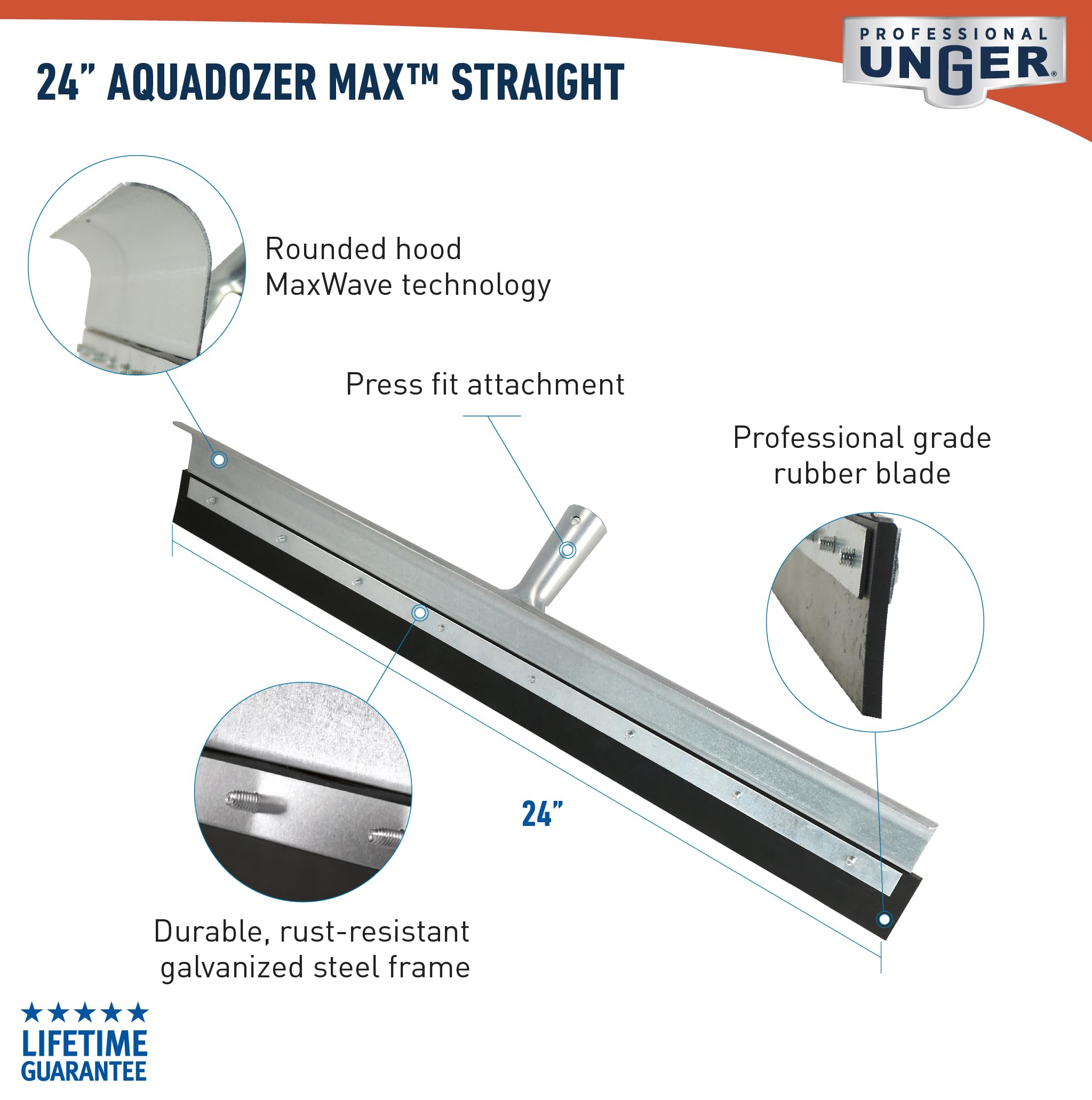 Unger Professional AquaDozer MAX 24” Smooth Surface Straight Floor Squeegee, Flood Cleanup Scrubber for Floors and Asphalt, Cleaning Tool to Easily Move Water and Debris - Image 7