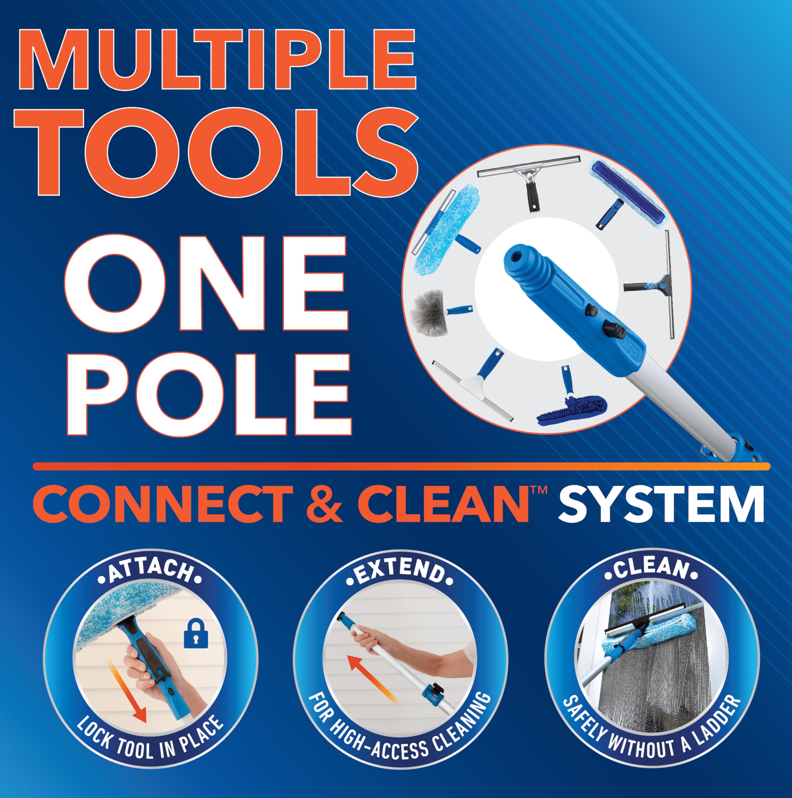 Unger Professional Connect and Clean Total Pro Cleaning Kit, All-in-One Household Window Washing with Streak-Free Results, Includes 12” Squeegee, 14” Scrubber Washer, Telescopic Pole Extends Up to 6’ - Image 7