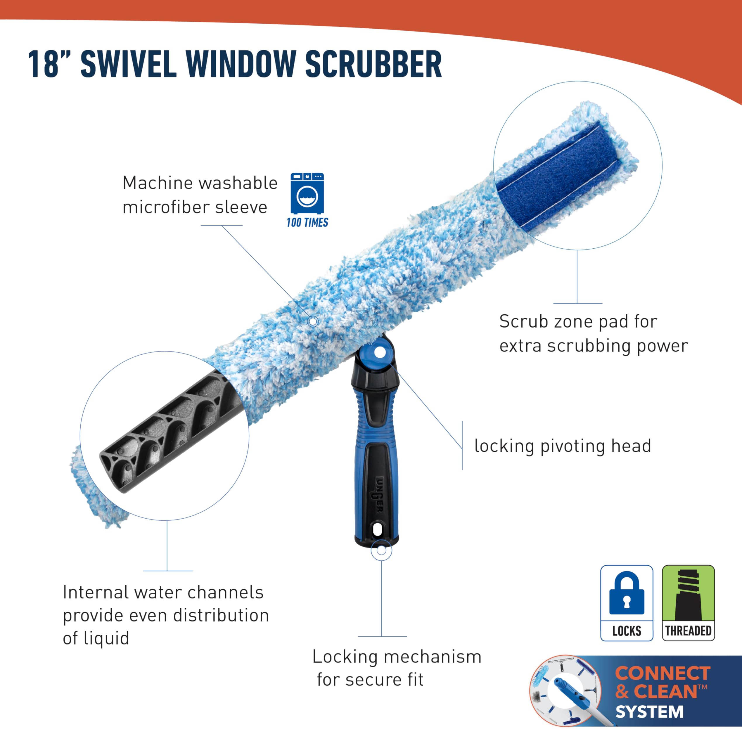 Unger Professional Connect and Clean 18” Grip Microfiber Window Scrubber with 8’ Pole, High-Access Glass Surface Household Cleaning Supplies and Tools, Reusable Microfiber Sleeve - Image 9