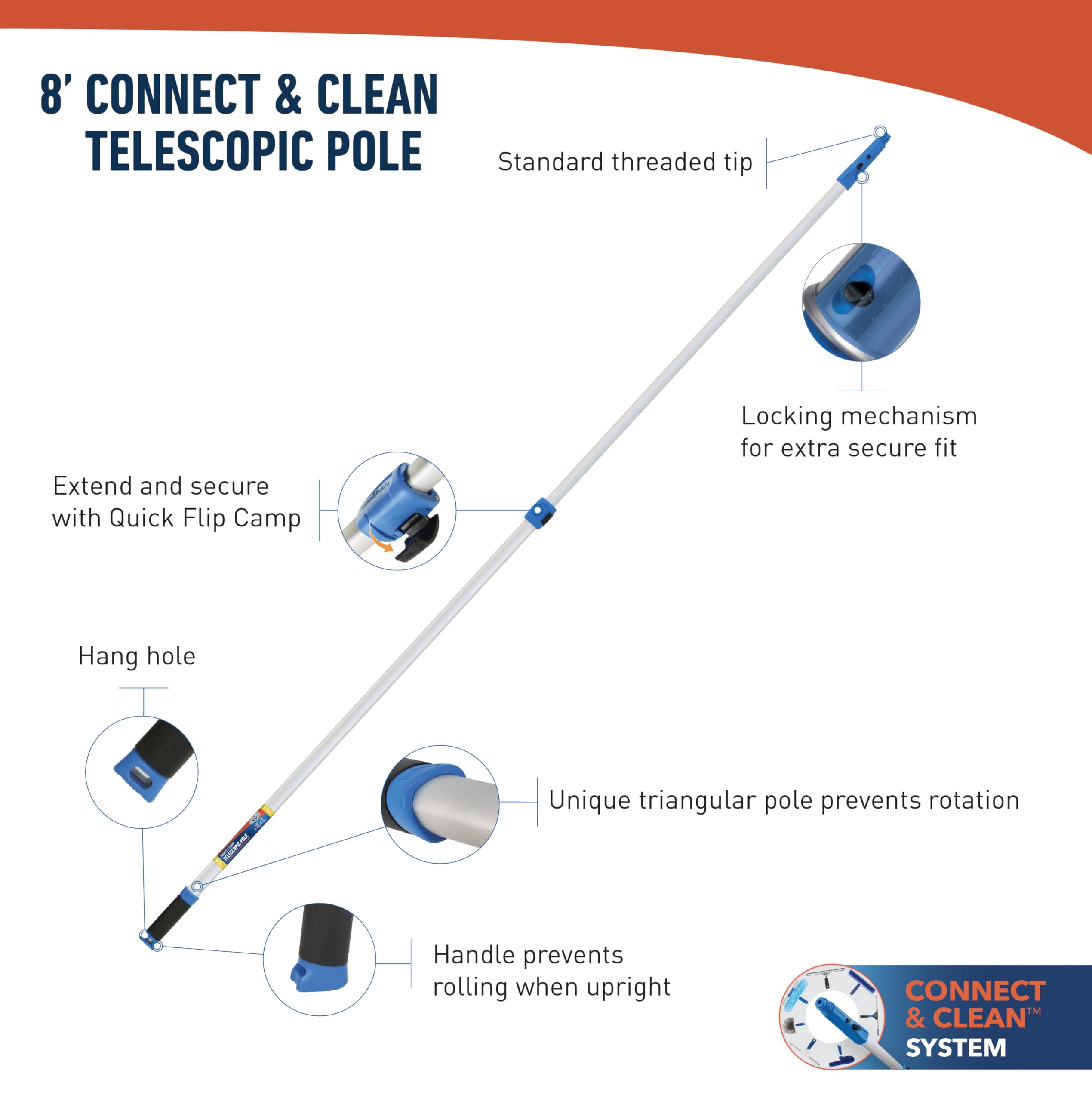 Unger Professional Connect and Clean 18” Grip Microfiber Window Scrubber with 8’ Pole, High-Access Glass Surface Household Cleaning Supplies and Tools, Reusable Microfiber Sleeve - Image 6