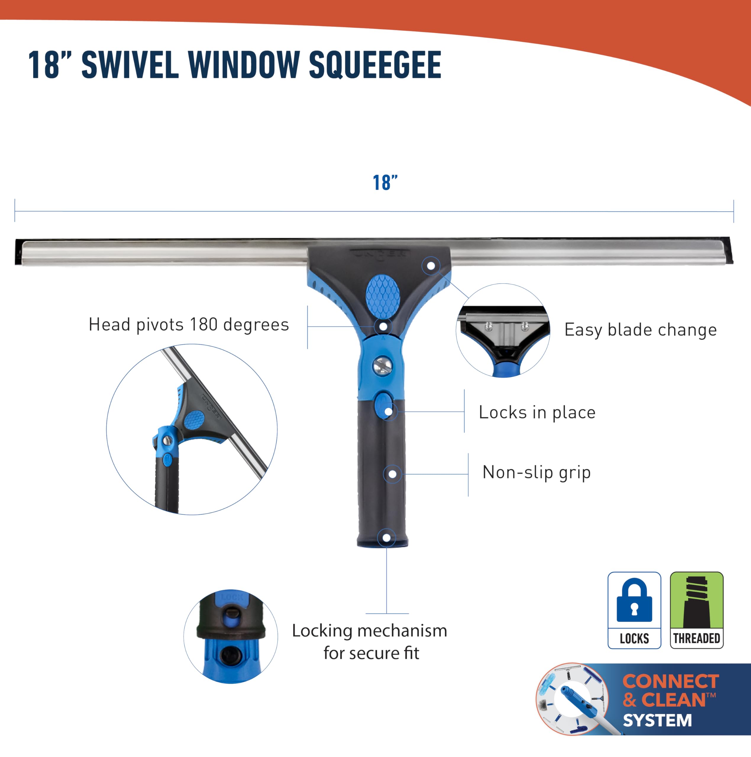 Unger Professional Connect and Clean 18” Grip Swivel Window, Glass Squeegee, and 8’ Pole, 180-Degree Pivoting Handle with Lock, Cleaning Supplies for Streak-Free Results - Image 8