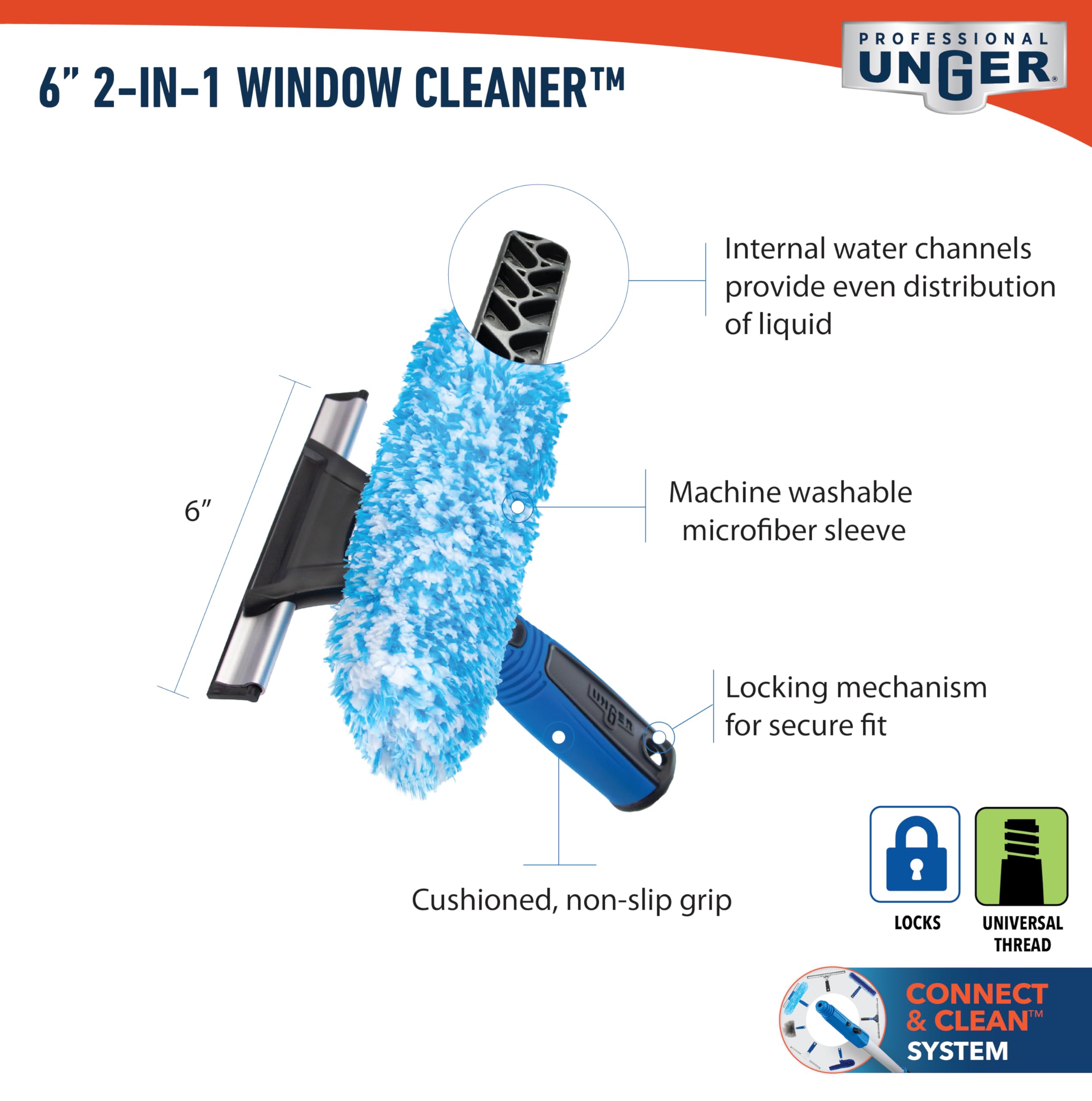Unger Professional Connect and Clean 2-in-1 Squeegee and Scrubber, 6” Window Cleaning Tool, Commercial and Residential Use, Washer Cleaner Supplies to Remove Excess Water and Dry - Image 6