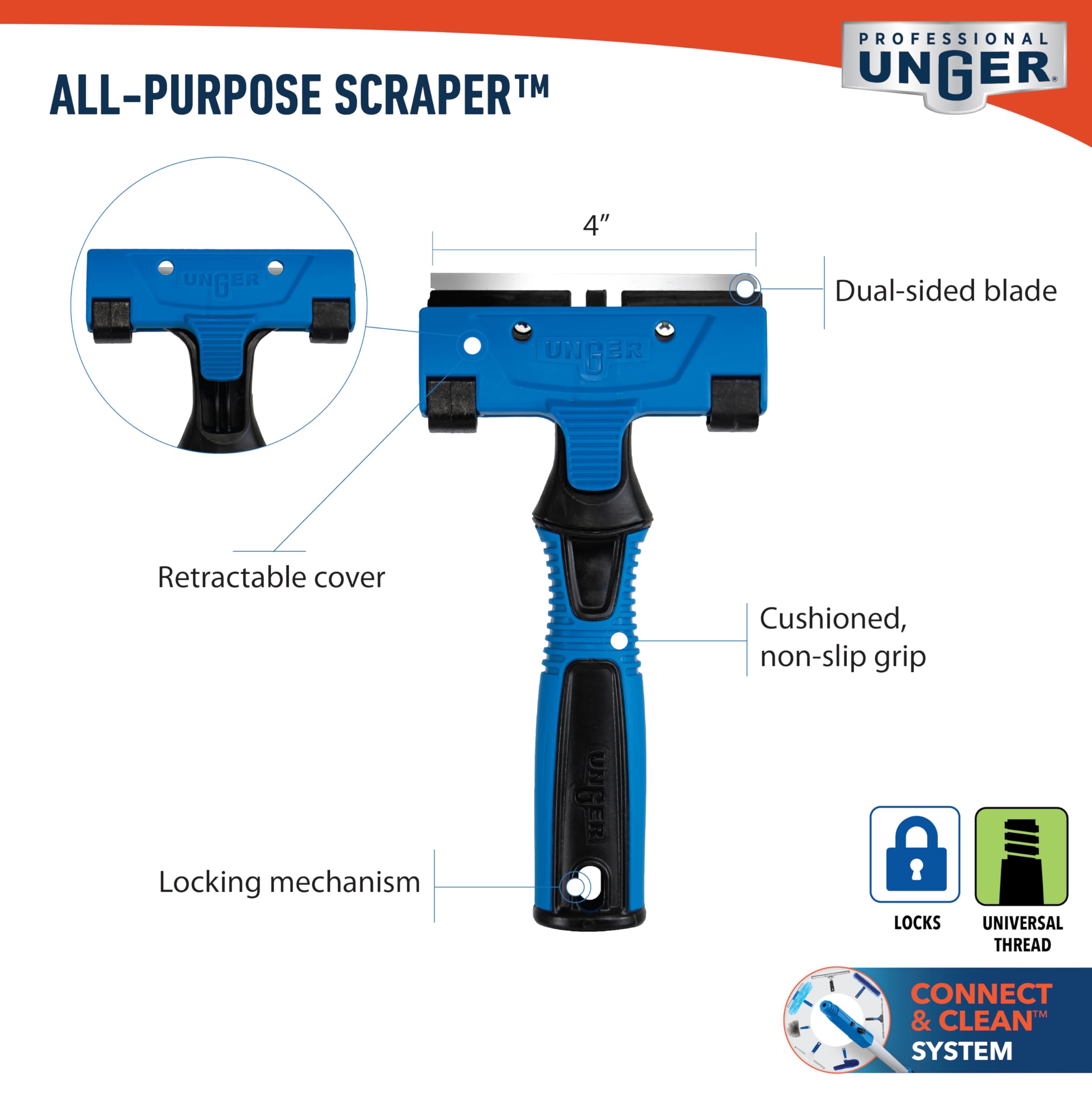Unger Professional Connect and Clean 4" All-Purpose Scraper, Window, Glass, and Floor Scraping Tool Supplies, Adhesive Removal, Gum, Stickers, Paint Removal, Dual-Sided Blade - Image 8