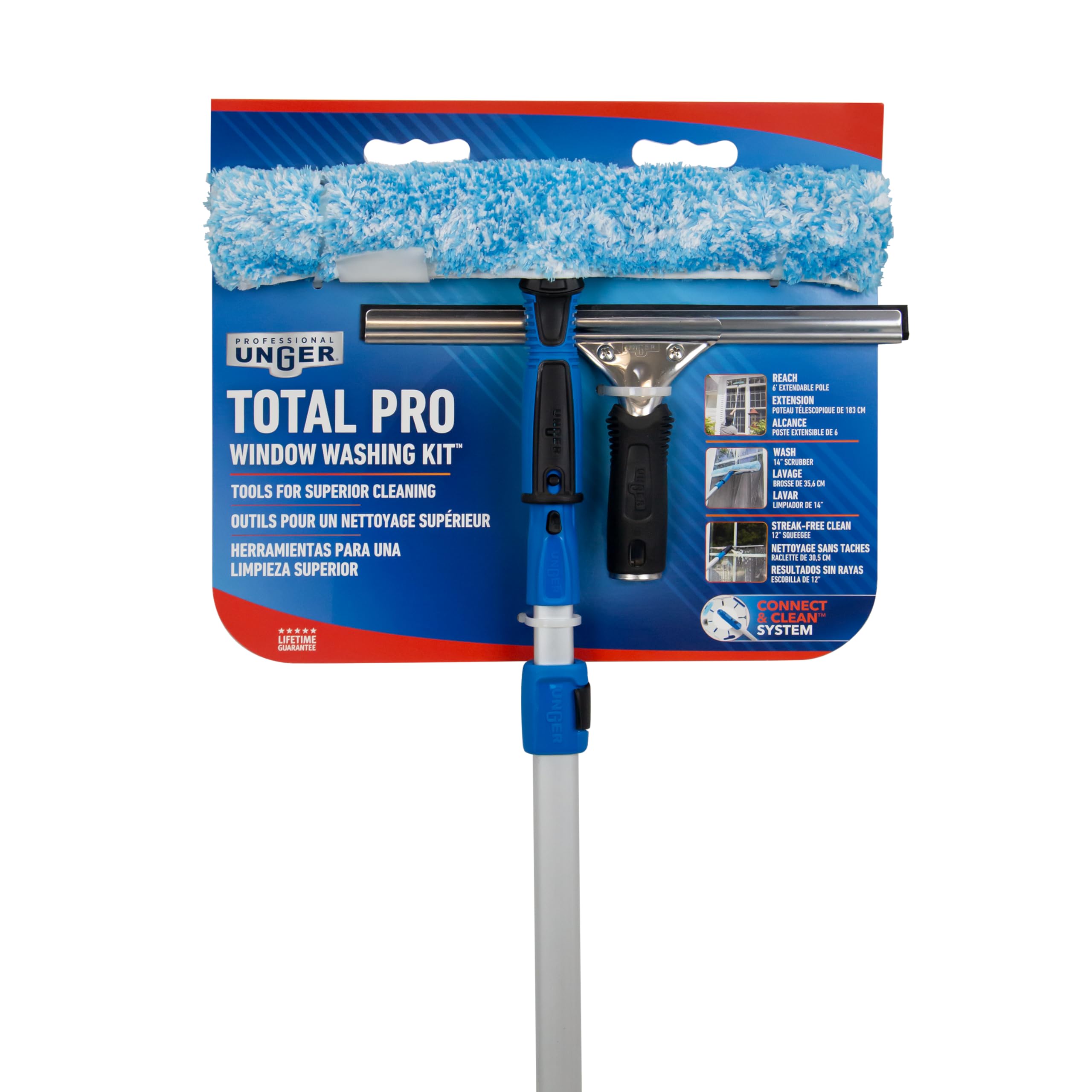 Unger Professional Connect and Clean Total Pro Cleaning Kit, All-in-One Household Window Washing with Streak-Free Results, Includes 12” Squeegee, 14” Scrubber Washer, Telescopic Pole Extends Up to 6’ - Image 9