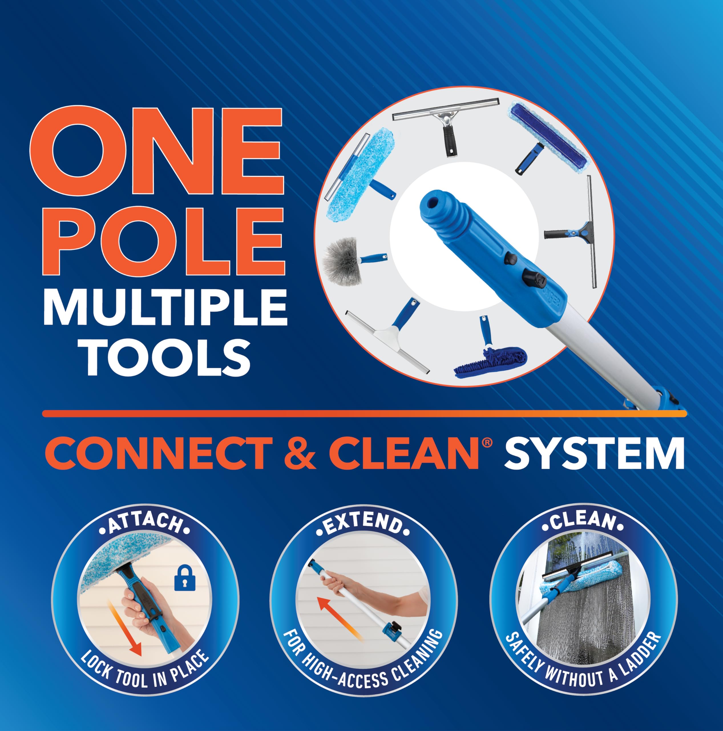 Unger Professional Connect and Clean 18” Grip Microfiber Window Scrubber with 8’ Pole, High-Access Glass Surface Household Cleaning Supplies and Tools, Reusable Microfiber Sleeve - Image 10