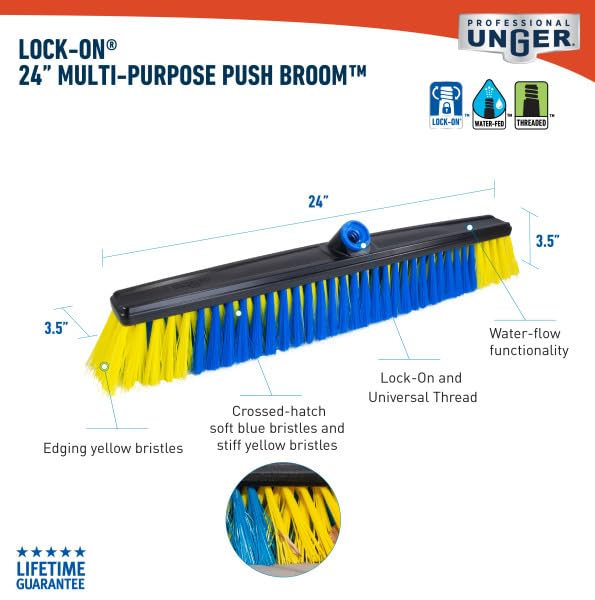 Unger Professional Lock-On 24” Multi-Purpose Push Broom – Professional Grade, Dual-Bristle Push Broom, with Water-Flow Action Floor Sweeper for Home & Business - Image 6