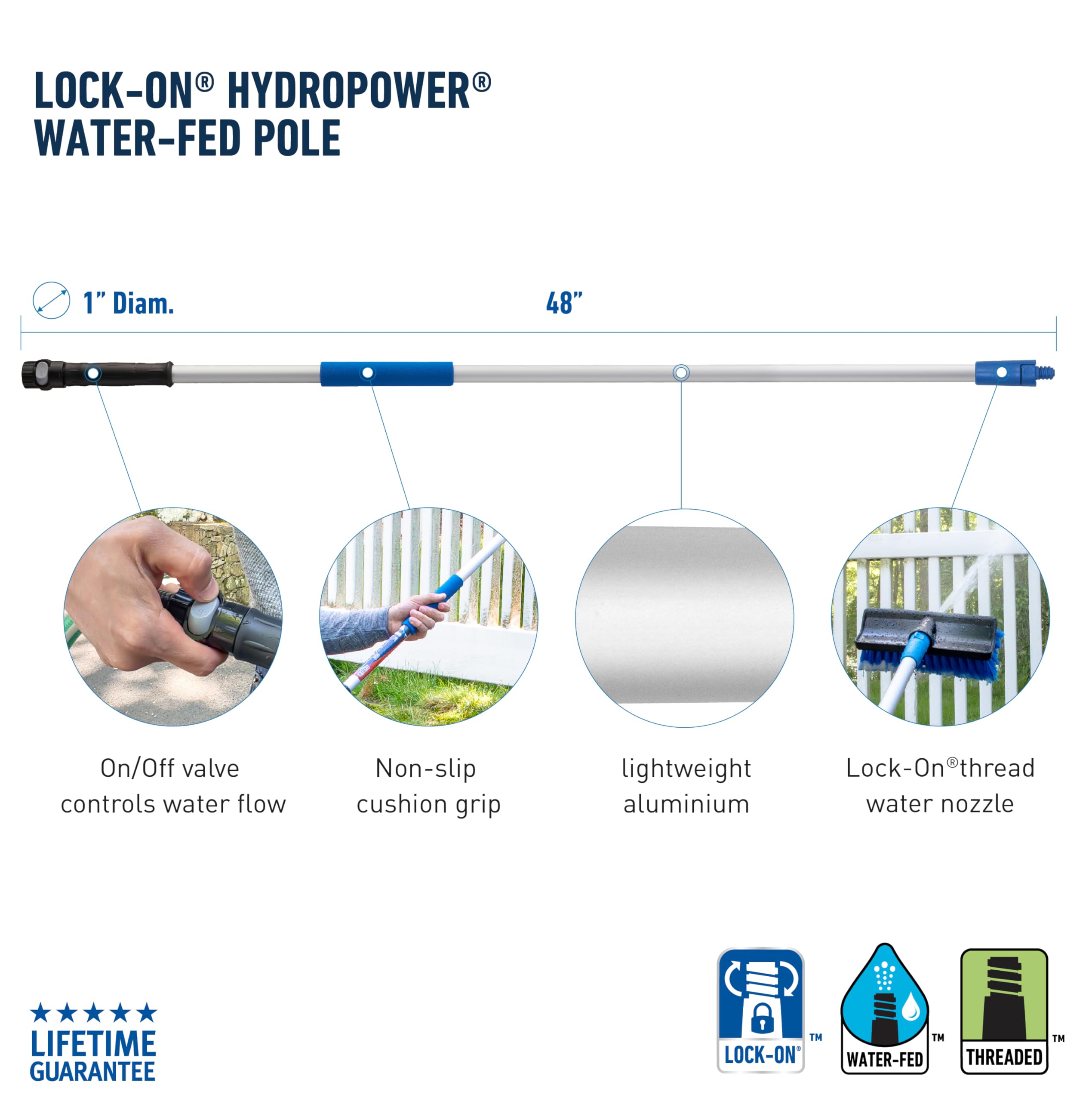 Unger Professional Lock-On 48” Water Flow HydroPower Extension Pole, Compatible with Water-Flow Brushes, Cleaning Supplies, Use with Scrubber or Brush - Image 5