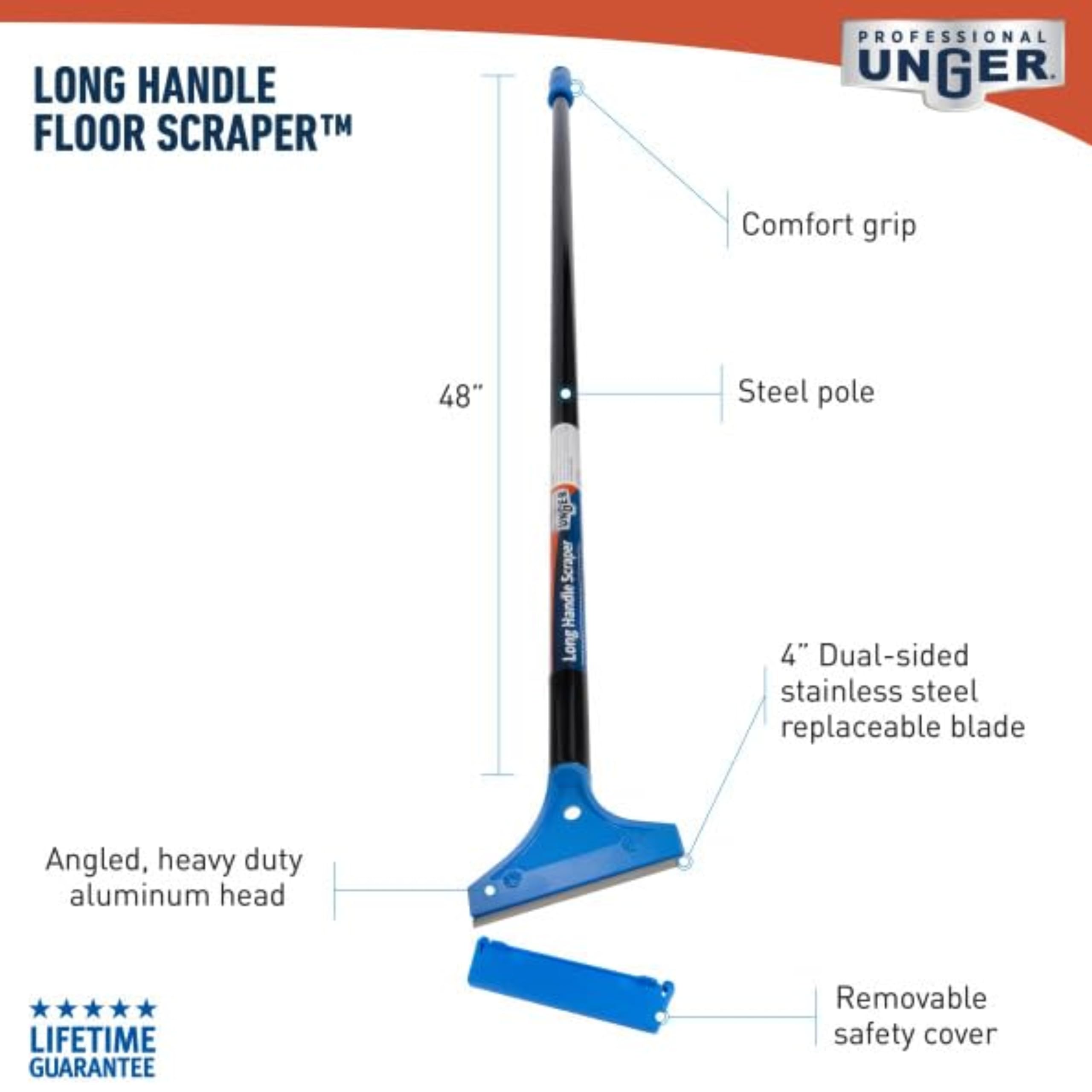 Unger Professional Long Handle Floor Scraper Tool with 4ft (48”) Handle, Reversible Blade Tool for Cleaning Concrete, Linoleum Flooring, Vinyl, Tile, High-Gloss, Marble - Image 6