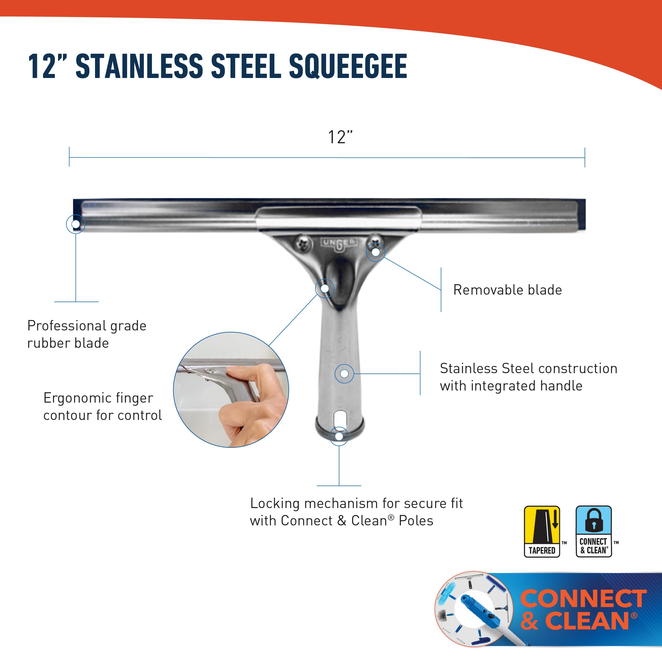 Unger Professional Stainless Steel Heavy-Duty Squeegee, 12", Silver - Image 6