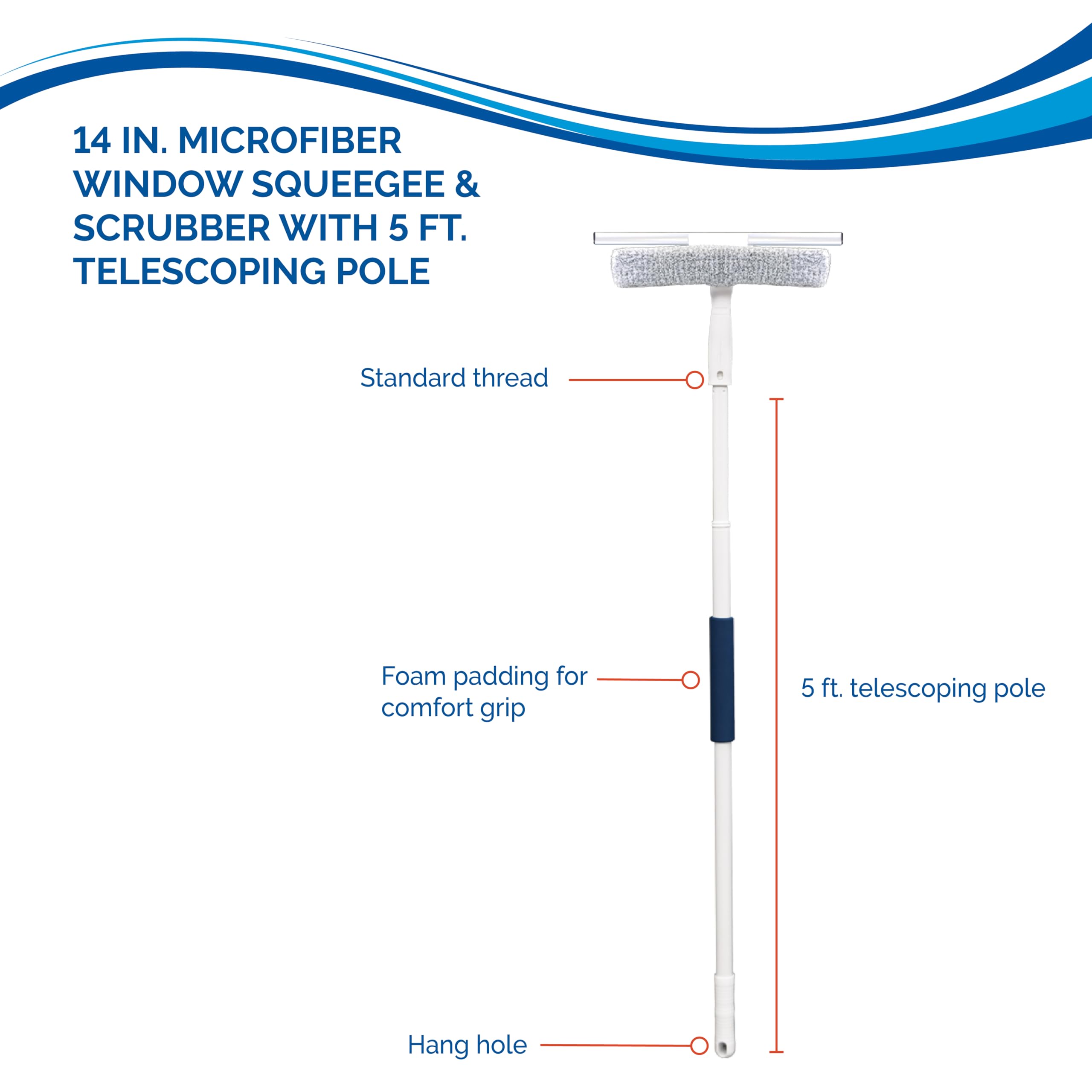 Unger 12” Outdoor Window Scrubber and Squeegee Kit with 5’ Telescopic Pole for High Access, Cleaning Supplies for Mirrors and Glass Surfaces, Machine Washable Sleeve - Image 3